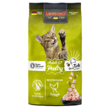 A bag of LEONARDO Adult Grain Free Poultry cat food with an image of a cat reaching towards the camera, and pieces of poultry shown on the front.