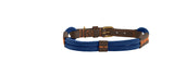 Blue braided belt with brass buckle on a white background