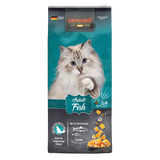 Packaging for LEONARDO Adult Fish cat food, featuring an image of a cat and visual elements of fish and ocean life.