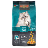Packaging for LEONARDO Adult Fish cat food, featuring an image of a cat and visual elements of fish and ocean life.