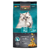 Packaging for LEONARDO Adult Fish cat food, featuring an image of a cat and visual elements of fish and ocean life.