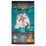 Packaging for LEONARDO Adult Fish cat food, featuring an image of a cat and visual elements of fish and ocean life.