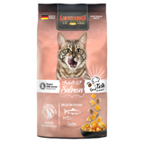 A package of LEONARDO Adult Grain Free Salmon cat food with an image of a cat on the front.