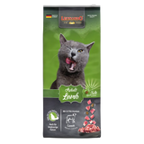 A package of LEONARDO Adult Lamb cat food with an image of a cat on the front and lamb pieces depicted on the side.