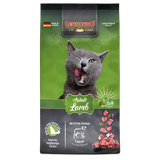 A package of LEONARDO Adult Lamb cat food with an image of a cat on the front and lamb pieces depicted on the side.