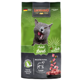 A package of LEONARDO Adult Lamb cat food with an image of a cat on the front and lamb pieces depicted on the side.