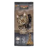 A bag of LEONARDO Cat Food Adult Complete 32/16 with a picture of a cat on the front and various product attributes listed.