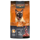 Package of LEONARDO Cat Food Adult Duck with an image of a cat on the front and duck pieces and vegetables listed as ingredients.