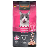 Packaging of LEONARDO Cat Food Adult Light and Sterilised with an image of a cat on the top and product details.
