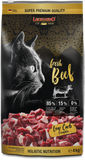 Leonardo cat food package with a black and gold design, featuring a cat and beef chunks.