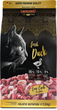 Leonardo cat food package with a black cat illustration and duck imagery on a dark background.