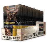 Pack of 16 Leonardo Chicken + extra pulled Beef cat food in pouches, with an image of a cat on the packaging