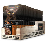 Pack of 16 LEONARDO Duck + extra pulled Beef cat food pouches in a display box.