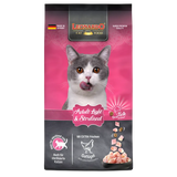 Packaging of LEONARDO Cat Food Adult Light and Sterilised with an image of a cat on the top and product details.