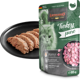 Leonardo Turkey Pure cat food package with sliced turkey on a black plate