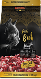 Leonardo cat food package with a black cat illustration and beef imagery on a dark background