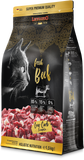 Leonardo cat food package with a black background and visible text about beef content and low carb formula.