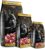 Three packages of Lynxion cat food with a black cat illustration and beef imagery on a white background.