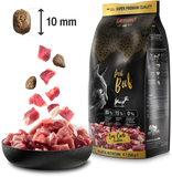 Leonardo cat food package with fresh beef chunks and a measurement of 10 mm.