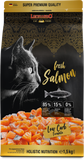 Leonardo cat food package with a black cat illustration and salmon imagery on a dark background.
