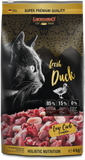 Leonardo Fresh Duck cat food package with a black and white cat illustration and duck imagery on a dark background.