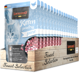Leonardo Kitten Poultry Pure cat food packaging with a wooden crate design.
