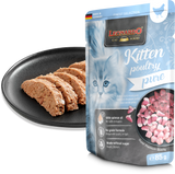 Leonardo Kitten Poultry Pure food package with a plate of cat food on a white background