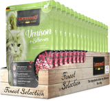 Leonardo cat food packages with a focus on venison and blueberry flavor, displayed in a wooden crate.