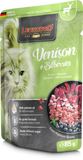 Leonardo cat food package with a cat on the front, featuring venison and bilberries.