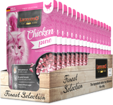 Leonardo cat food Chicken Pure packaging with pink and white design, featuring a cat on a wooden stand.