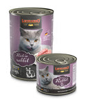 Two cans of Leonardo cat food rich in rabbit on a white background