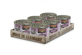 Set of Leonardo cat food Rabbit cans in a wooden tray with 'Made in Germany' text