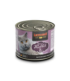 Can of Leonardo cat food rabbit with a purple label featuring a cat's face on a white background
