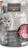 Leonardo cat food pouch with lamb and cranberries for cats, featuring a gray cat on the packaging.