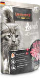 Leonardo cat food packaging with lamb and cranberries package with a gray and white cat on a gray background