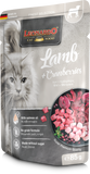 Leonardo cat food pouch with lamb and cranberries on a white background