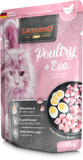 Leonardo cat food poultry and egg package with a pink background featuring a cat and text.