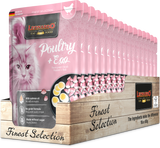 Leonardo cat food packaging with pink and white design, featuring a cat and text about poultry and egg content.