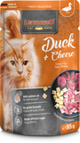 Leonardo cat food package with duck and cheese flavor on an orange background