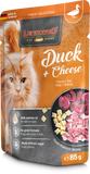 Leonardo cat food pouch with duck and cheese flavor on an orange background