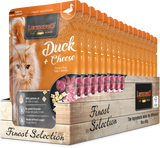 Packaging of Leonardo cat food with duck and cheese flavor, featuring a cat illustration on an orange background.