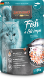 Leonardo cat food pouch with fish and shrimps flavor on a blue background