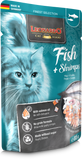 Leonardo cat food with fish and shrimps package with a blue cat illustration on a teal background