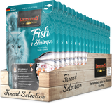 Leonardo cat food packaging with fish and shrimps flavor on a white background