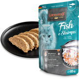 Leonardo cat food with fish and shrimps package with slices of cat food on a black plate