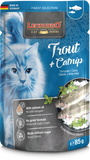 Leonardo cat food packet with trout and catnip flavor on a blue background
