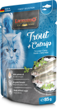 Leonardo cat food pouch with trout and catnip flavor on a blue background