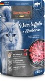 Leonardo cat food pouch for water buffalo and blueberries with a cat's face on the packaging.