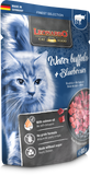 Leonardo cat food package with a blue background featuring a cat and text.