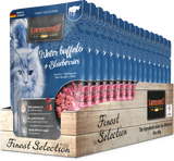 Leonardo cat food packaging with water buffalo and blueberries flavor on a white background